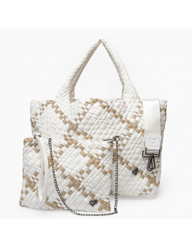 London Large Woven Tote - White & Tan le des métaux précieux